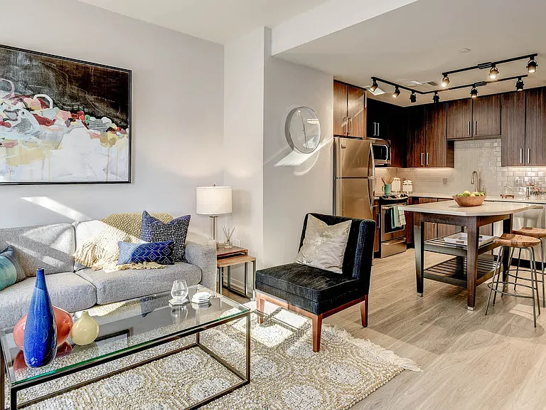 Kitchen and Living Room with Hardwood Flooring