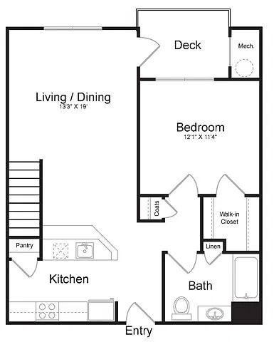 Floor plan One Bedroom One Bath with Loft (1015 SF)