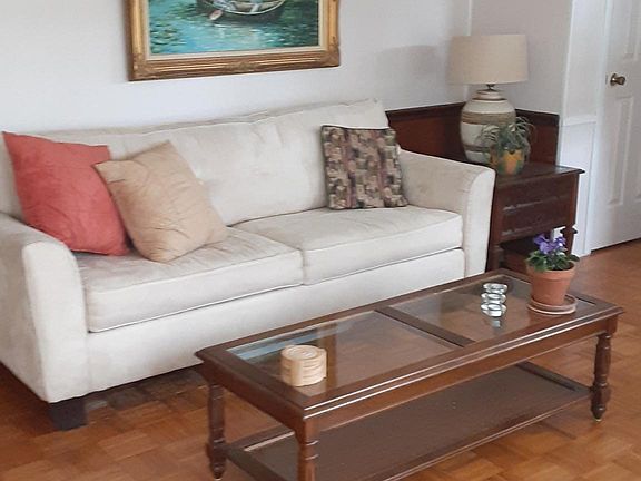 Living room featuring a wall of windows, parquet flooring and pull out couch.
