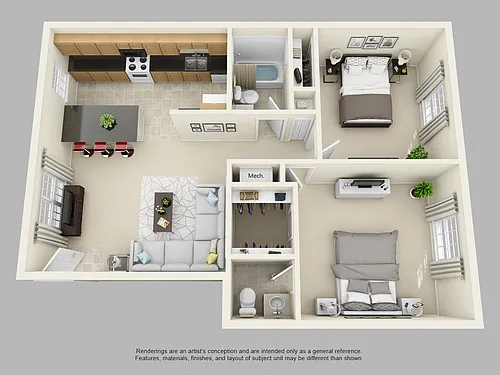 Floor plan 2 Bed 1.5 Bath with Washer Dryer