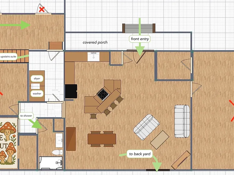 Floor plan for downstairs, showing shared spaces. One room is sometimes rented out to short-term guests.