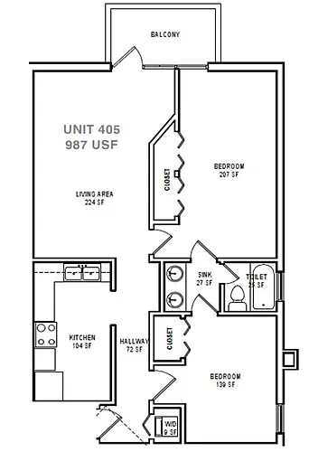 Floor plan B2 Two Bedroom / One Bath