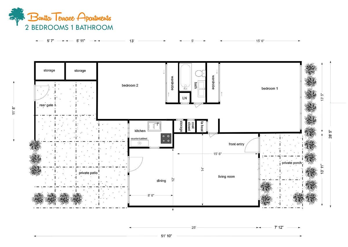 Floor plan 2 Bedroom 1 Bath