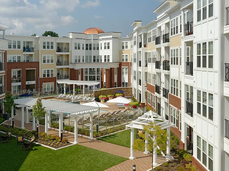 Courtyard with swimming pool and lounge seating