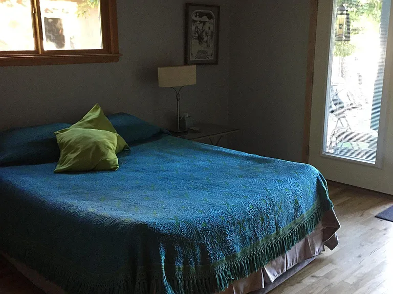 Downstairs bedroom with french doors to back yard