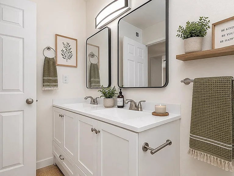 Bathroom with dual-sink vanity and mirrors