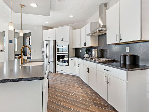 The luxurious kitchen features white cabinets, matte granite countertops, with a matching backsplash