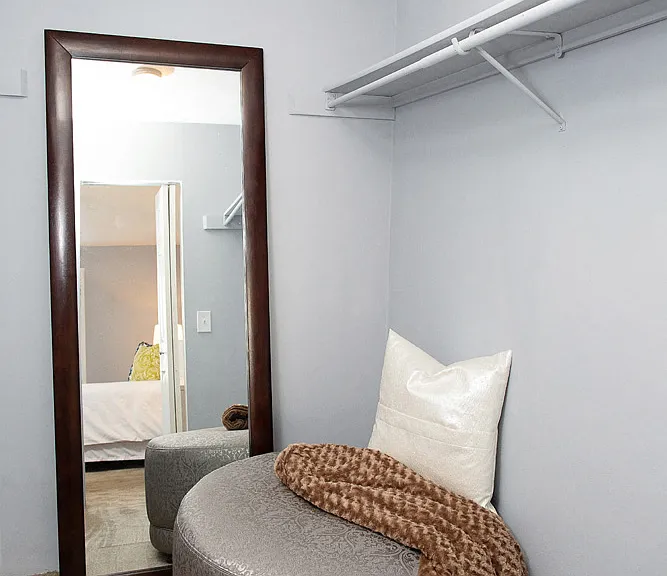 Walk in closet with shelf and mirror