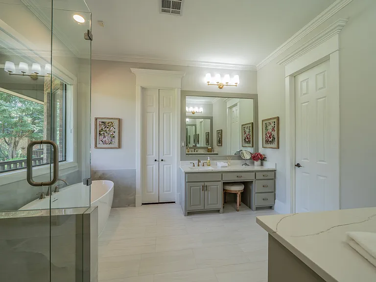 Pamper Yourself: Glam Makeup Vanity with Stool & Deep Freestanding Soaking Tub