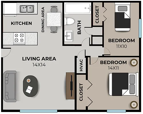 Floor plan Seminole North 2 Bedroom, 1 Bathroom
