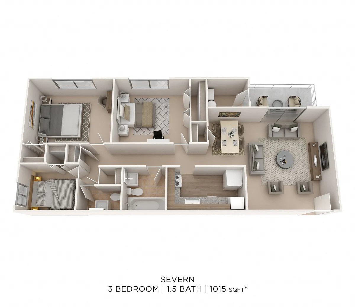 Floor plan Three Bedroom 1.5 Bath - 1,015 sqft