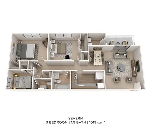 Floor plan Three Bedroom 1.5 Bath - 1,015 sqft