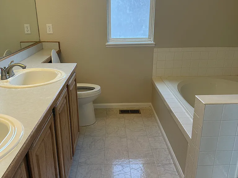 Master bath features double sinks, soaking tub, and walk-in shower.