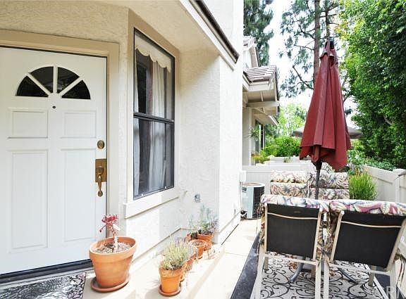 A private patio in the front