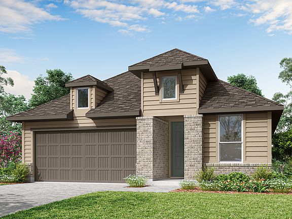 A two-story residential house with a garage, surrounded by lush greenery and a clear blue sky with s