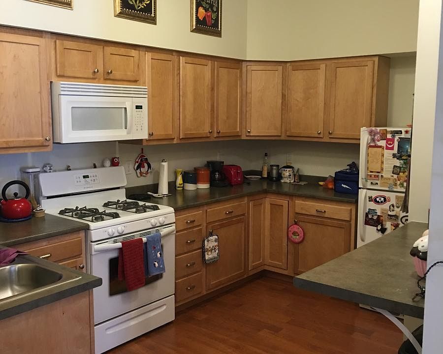 Kitchen with gas range, built in microwave.