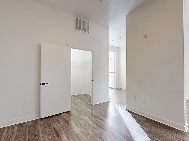 Spacious apartment bedroom with large closet and wood-style flooring.