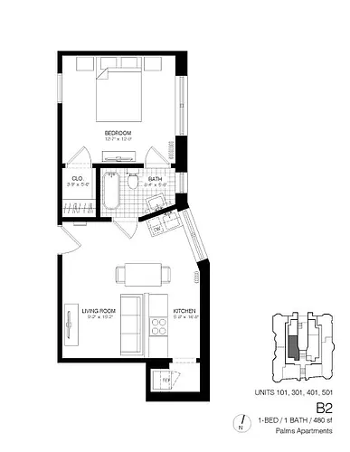 Floor plan 1 Bedroom 1 Bath B2