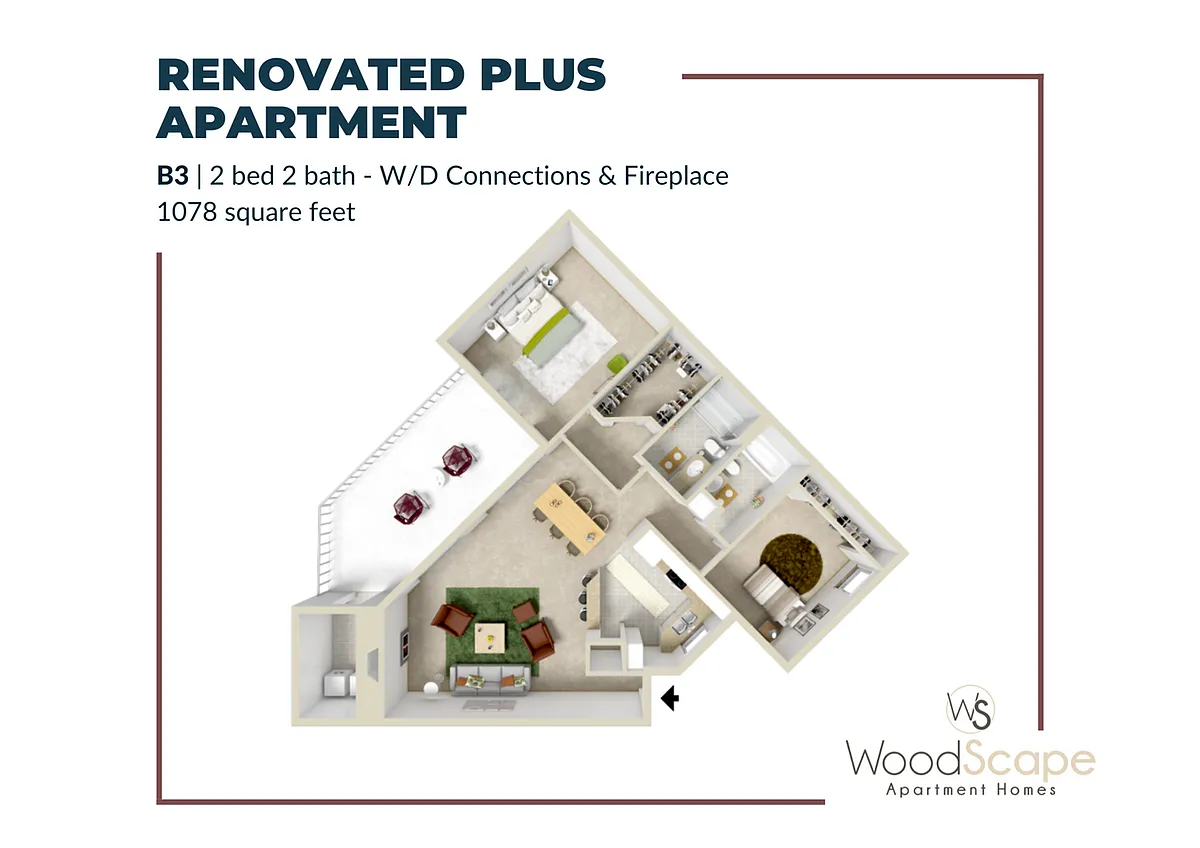 Floor plan B3 (W/D Connections and Fireplace) Renovated Plus