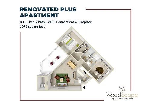 Floor plan B3 (W/D Connections and Fireplace) Renovated Plus