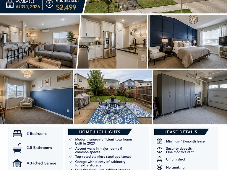 Modern newly built townhome with thoughtful upgrades, accent walls, premium appliances, and a beautifully organized backyard with garden beds. Unfurnished. Conveniently located near Walmart Supercenter, parks, shopping, and major employers.