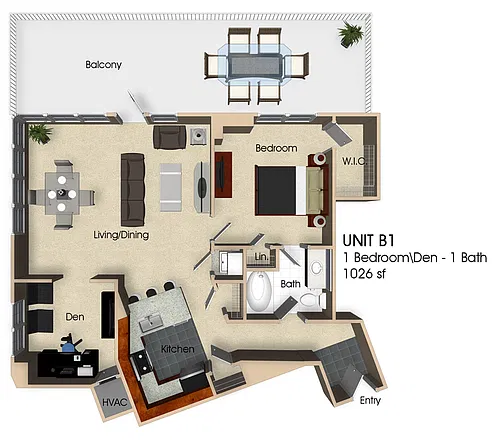 Floor plan (B1) 1 Bedroom - 1 Bathroom with Den