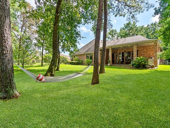 Large backyard with mature trees.