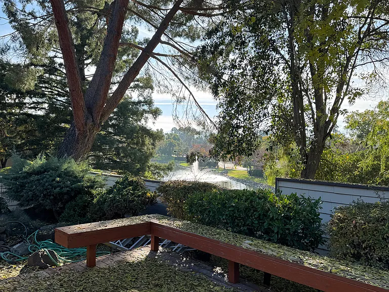 Serene waterfall view and sounds from side yard deck