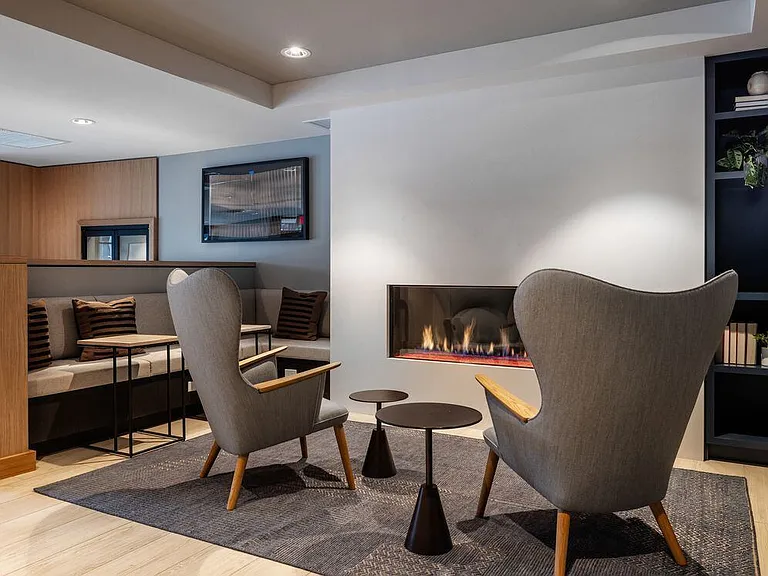 Co-working lounge with fireplace