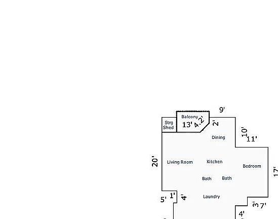 The footprint of the Condo. All rooms are on the same level.