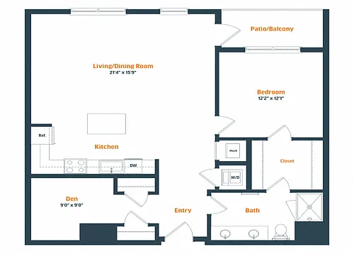 Floor plan A23D | 1 Bed | 1 Bath | Den