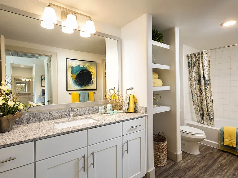 Brighten up your routine with modern bathrooms featuring flattering lighting and stylish framed mirrors.