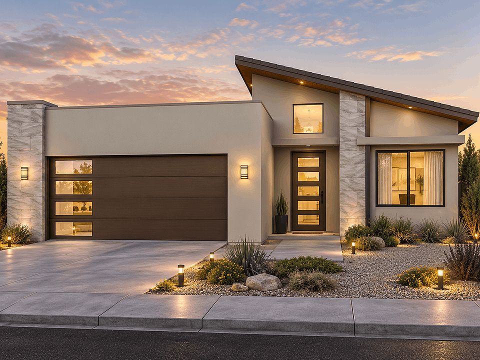 A modern one-story home with a brown garage door, glass-paneled front door, and low-maintenance dese
