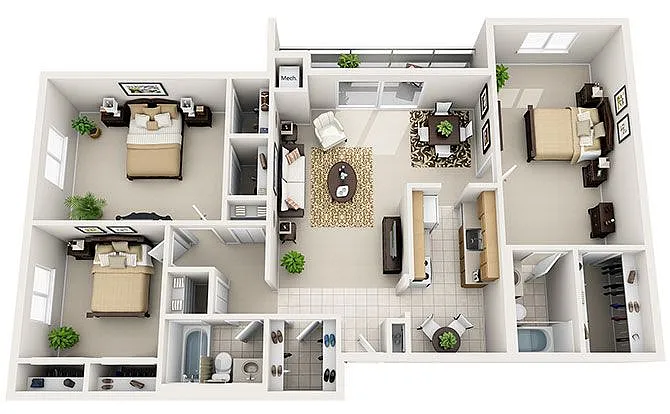 Floor plan 3 Bed 2 Bath (4 Layouts)