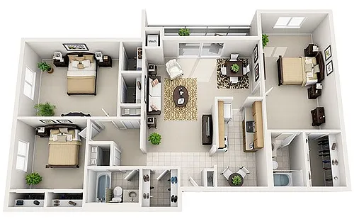 Floor plan 3 Bed 2 Bath (4 Layouts)
