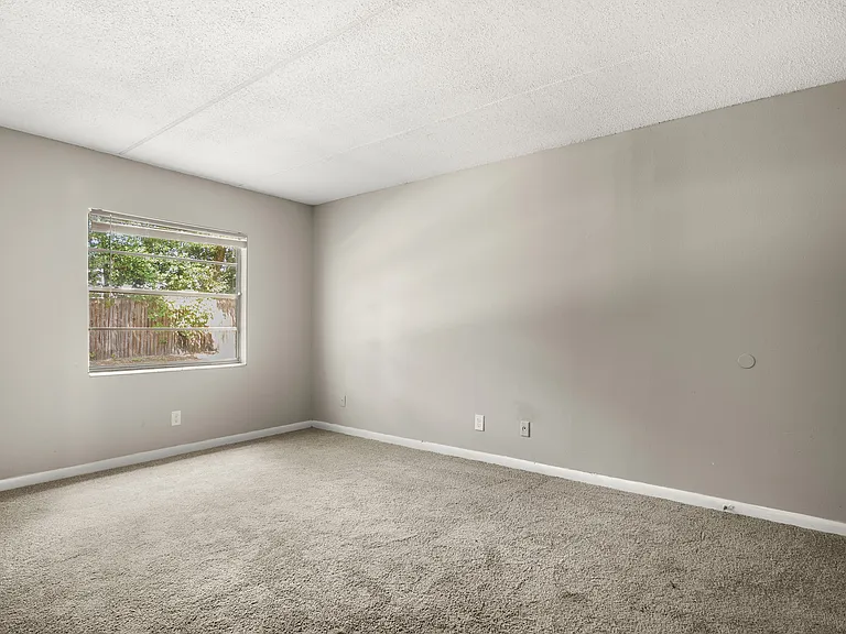 Bright and spacious room with plush carpet and a large window offering serene garden views.