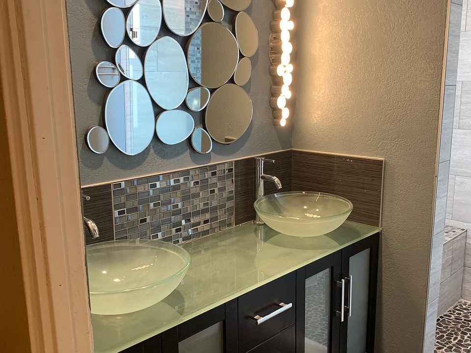 updated master bathroom walkin huge shower with bench rain shower head