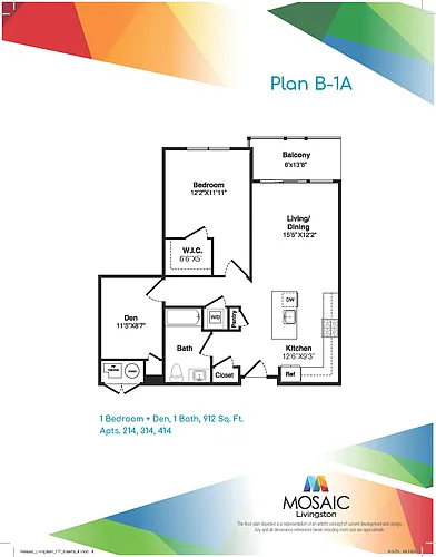 Floor plan One Bedroom One Bath Plus Den (B-1A)