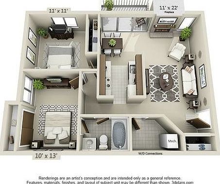 2 Bedroom 1 Bathroom Layout