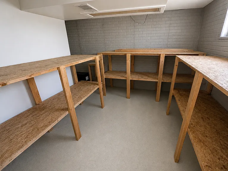 basement storage room with shelves