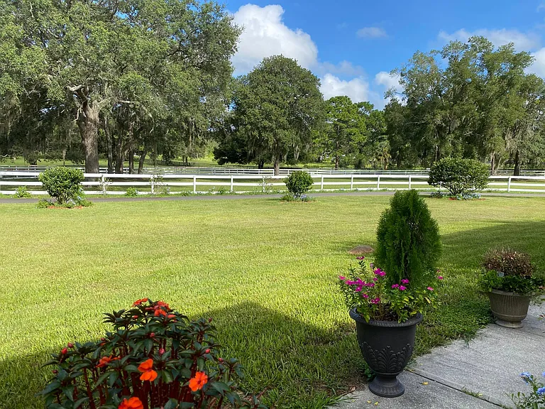 The sidewalk leads from the front of the garage to the front door of the house. Flowers line the entire sidewalk.