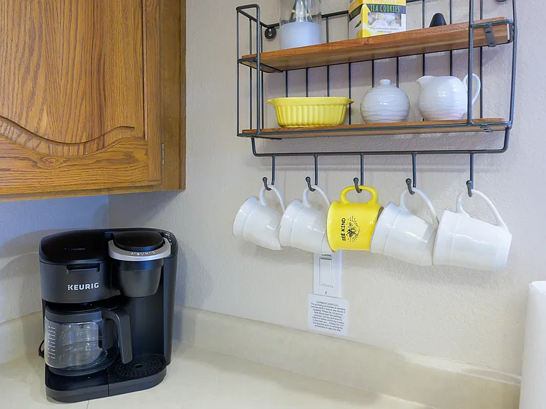 Drip/k-cup coffee machine as well as starter coffee provided at your arrival.