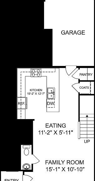Open-concept design includes a spacious kitchen with wood cabinetry, stainless steel appliances, and a stunning quartz countertop peninsula. The family room, with three large windows for natural light, flows seamlessly into the dining area