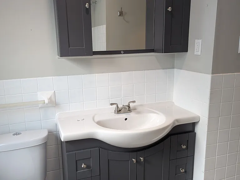 Main bathroom with updated floor, toilet, sink/vanity.