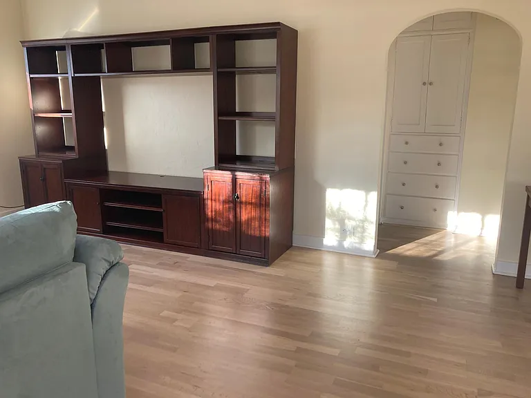The living room features a big bookcase, an arched doorway, and theres built-in storage in the hallway beyond.