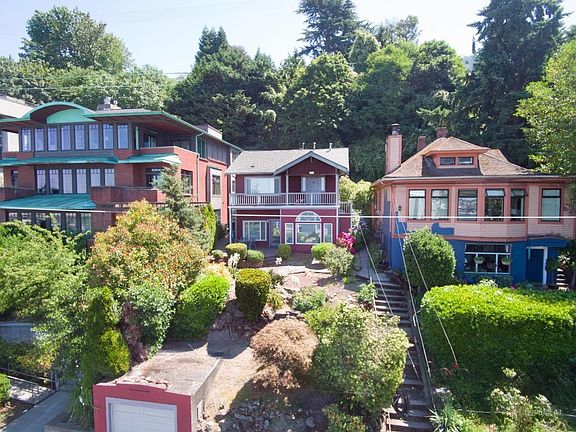Ariel view of the lakeview home in red.