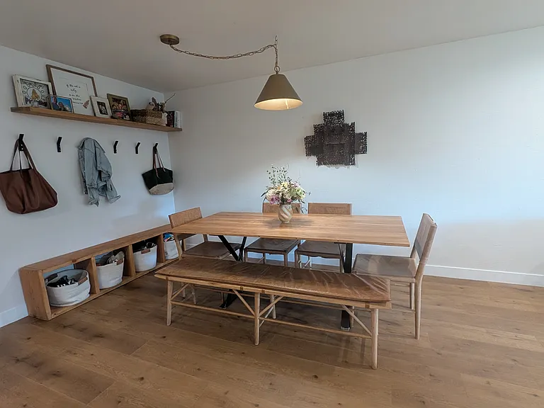 dining space that easily fits 6 foot table and 6 chairs