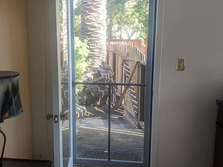 Doorway from master bedroom to garden area. Gorgeous palm tree outside.