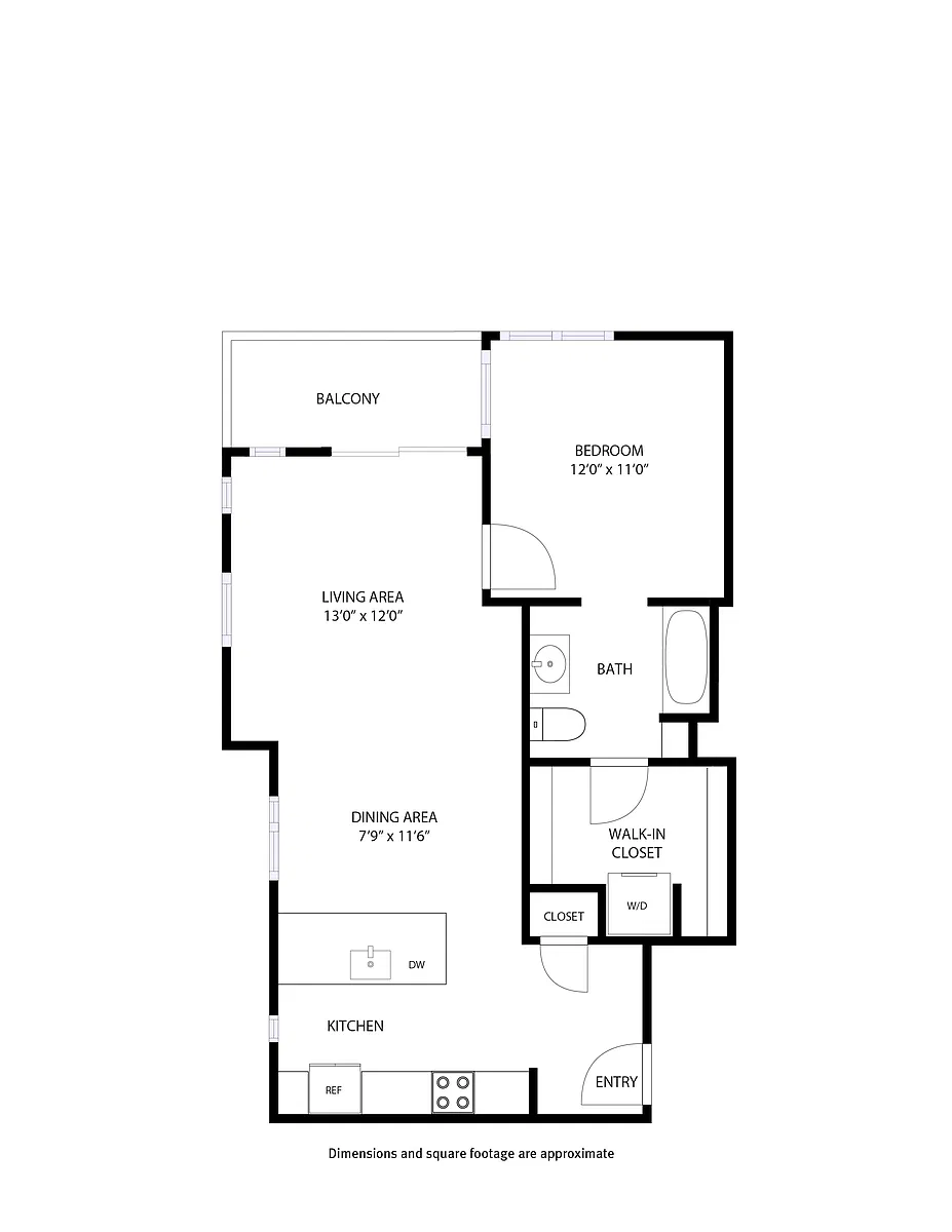 Floor plan 1 Bed and 1 Bath E