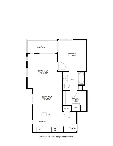 Floor plan 1 Bed and 1 Bath E